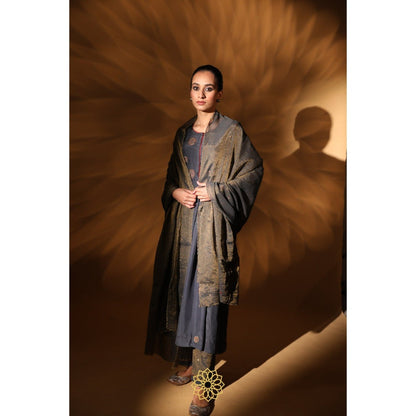 Rhua India Navy Blue Amira Gathered Kurta with Pant and Dupatta (Set of 3)