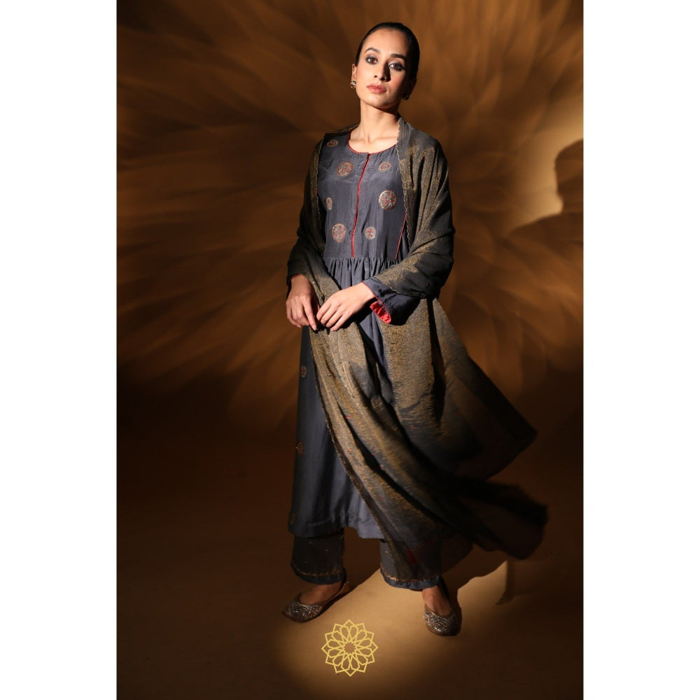 Rhua India Navy Blue Amira Gathered Kurta with Pant and Dupatta (Set of 3)