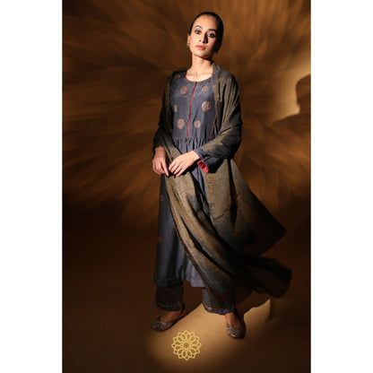 Rhua India Navy Blue Amira Gathered Kurta with Pant and Dupatta (Set of 3)