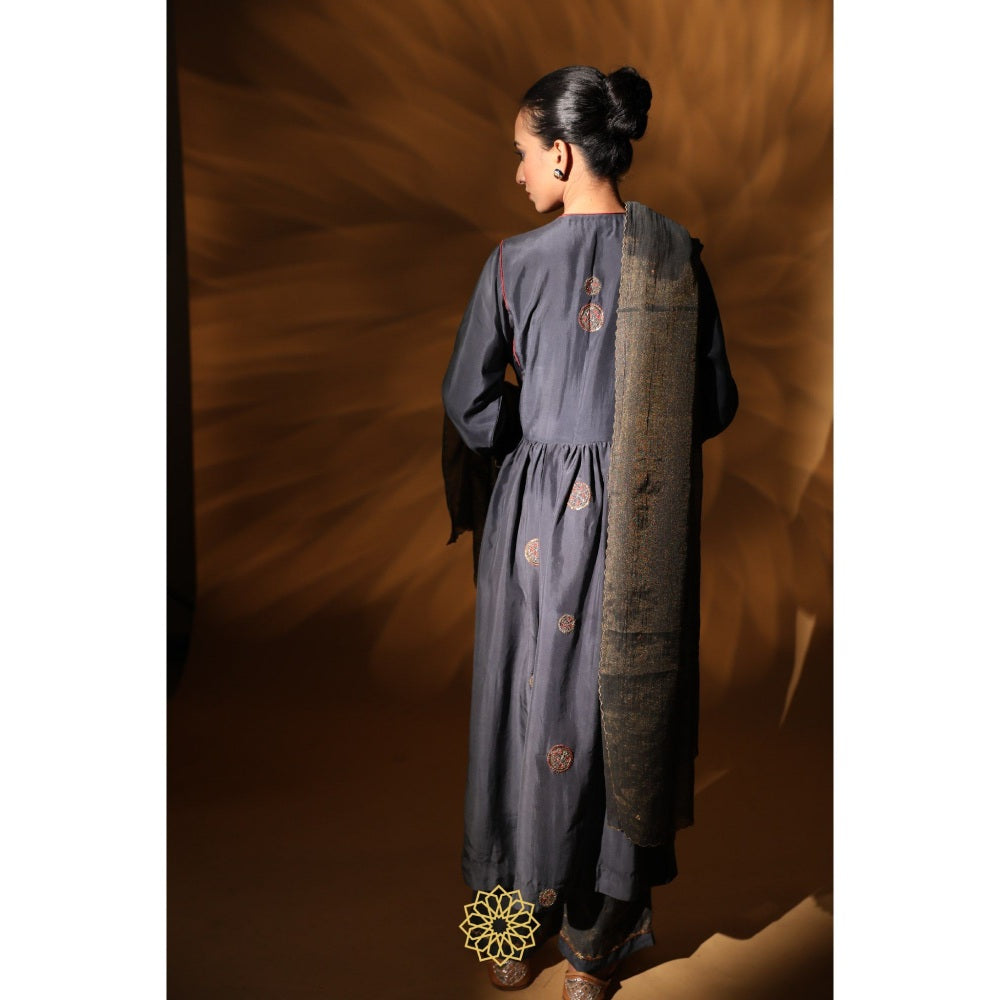 Rhua India Navy Blue Amira Gathered Kurta with Pant and Dupatta (Set of 3)
