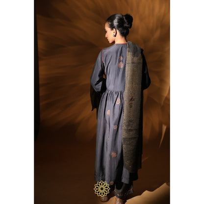Rhua India Navy Blue Amira Gathered Kurta with Pant and Dupatta (Set of 3)
