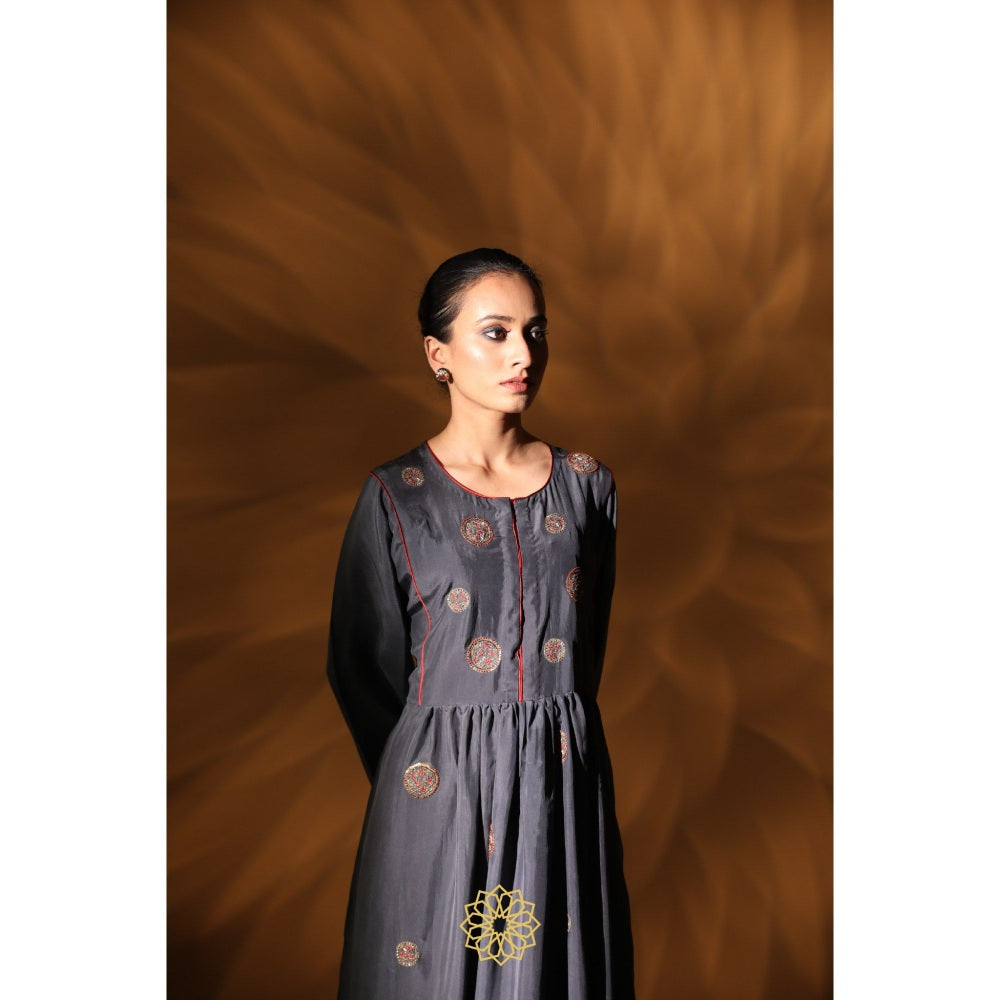 Rhua India Navy Blue Amira Gathered Kurta with Pant and Dupatta (Set of 3)