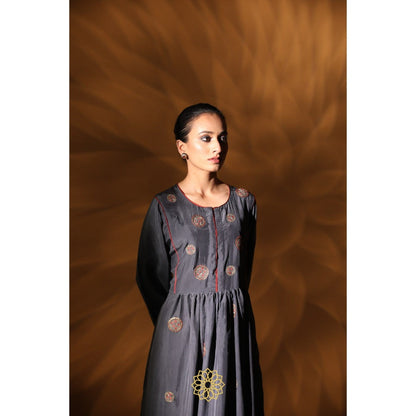 Rhua India Navy Blue Amira Gathered Kurta with Pant and Dupatta (Set of 3)