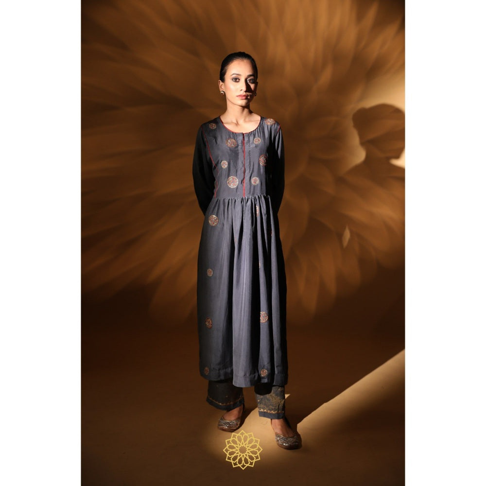 Rhua India Navy Blue Amira Gathered Kurta with Pant and Dupatta (Set of 3)