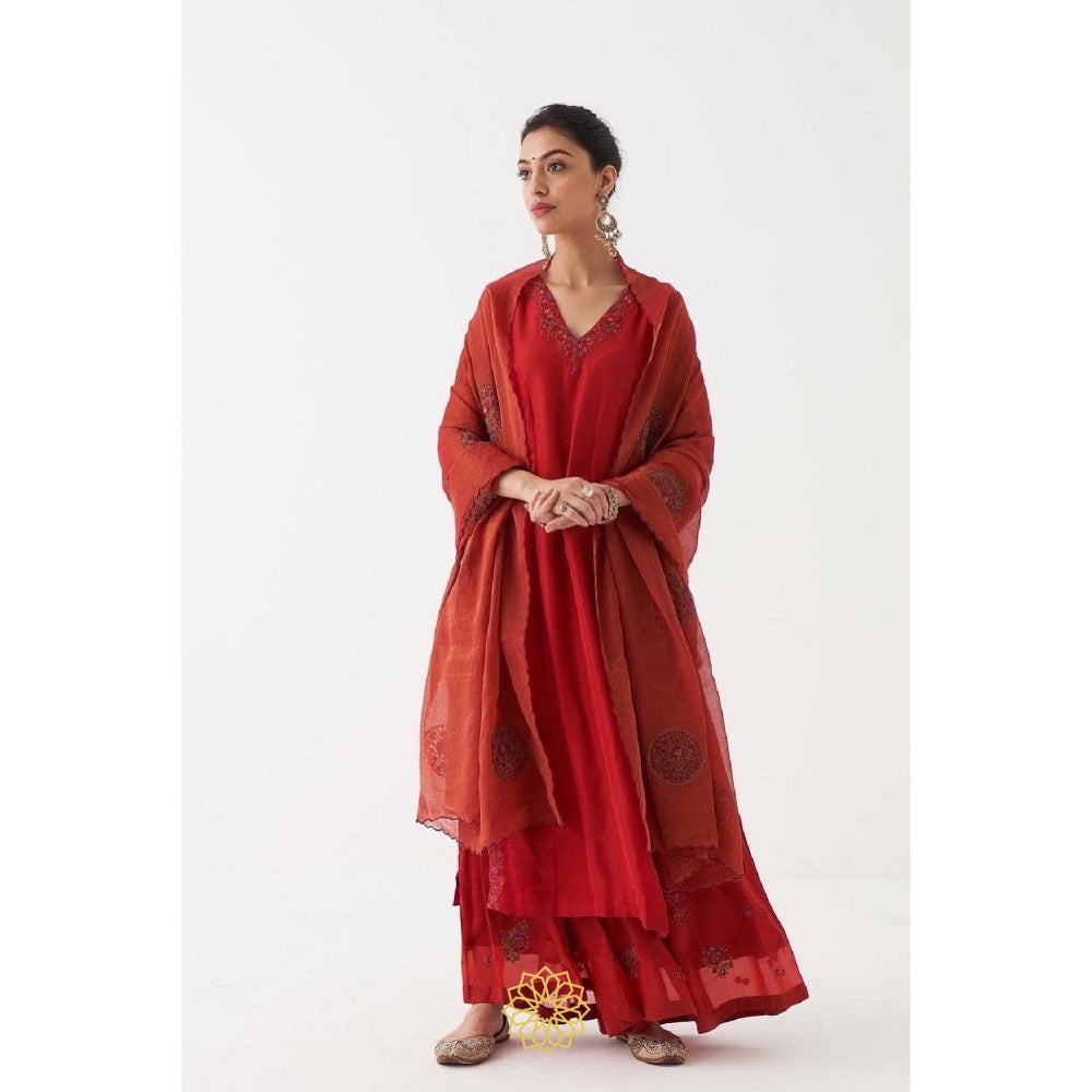 Rhua India Red Shirin Palazzo with Kurta and Dupatta (Set of 3)