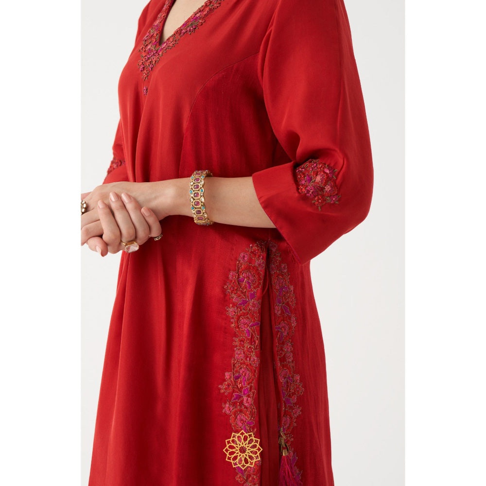 Rhua India Red Shirin Palazzo with Kurta and Dupatta (Set of 3)