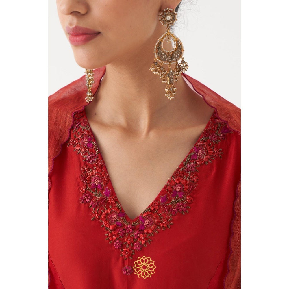 Rhua India Red Shirin Palazzo with Kurta and Dupatta (Set of 3)
