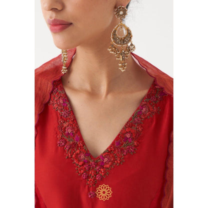 Rhua India Red Shirin Palazzo with Kurta and Dupatta (Set of 3)