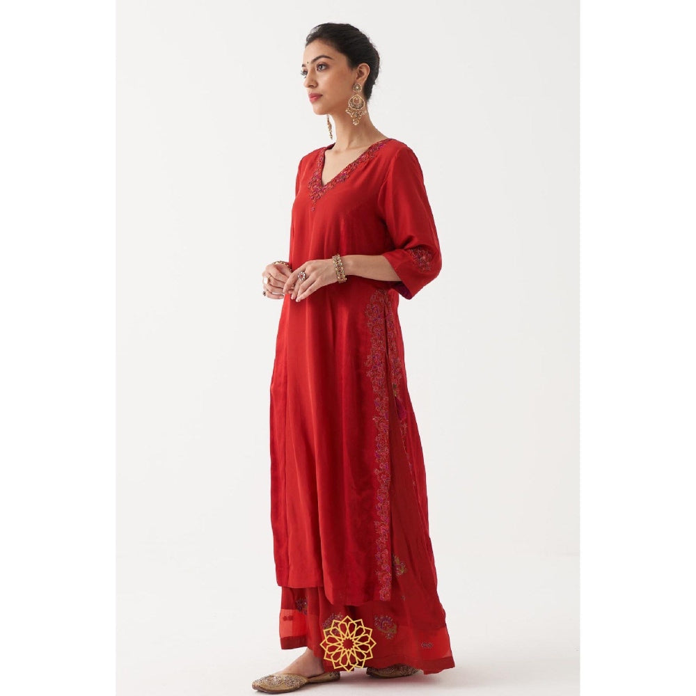 Rhua India Red Shirin Palazzo with Kurta and Dupatta (Set of 3)