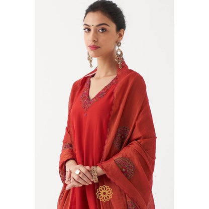 Rhua India Red Shirin Palazzo with Kurta and Dupatta (Set of 3)