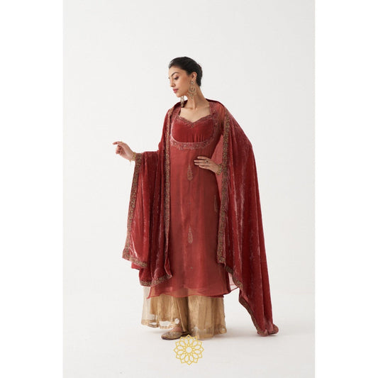 Rhua India Beige Nasrin Palazzo with Kurta and Dupatta (Set of 3)