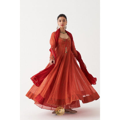 Rhua India Rust Sahira Anarkali with Palazzo and Dupatta (Set of 3)