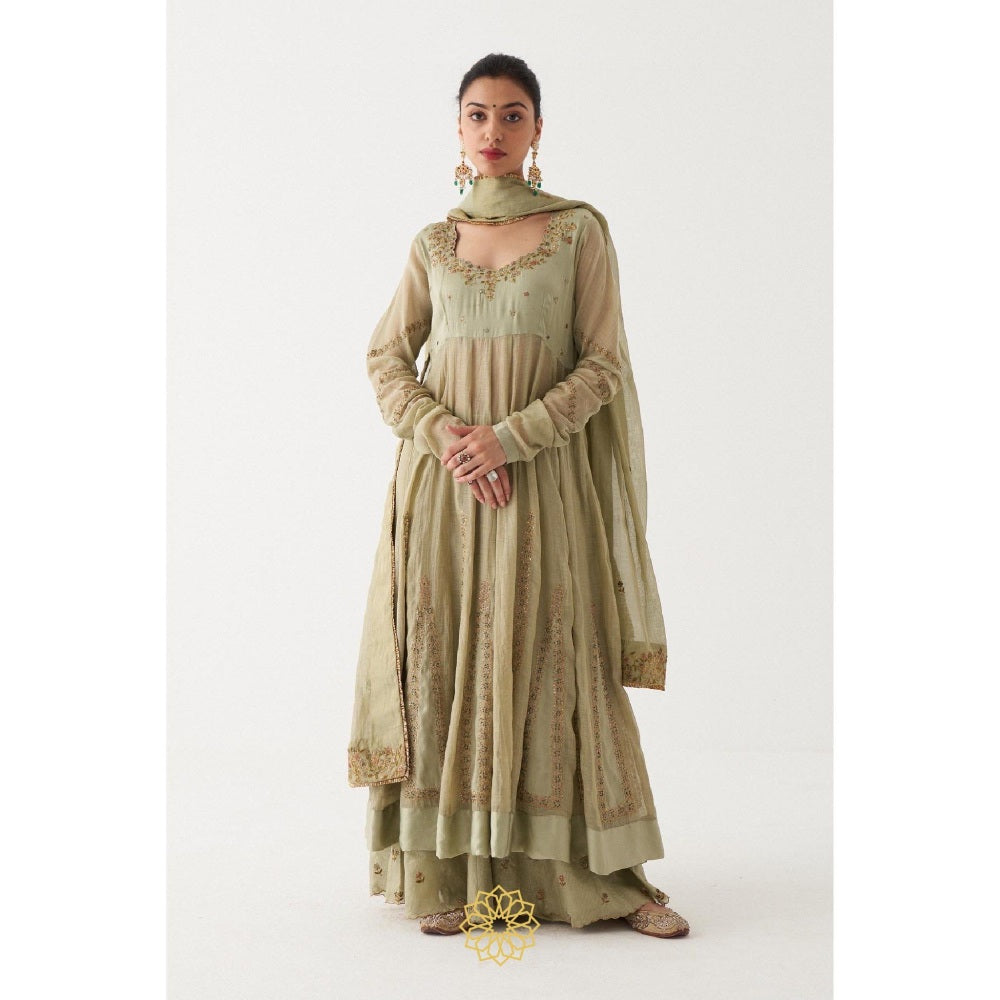 Rhua India Green Noor Anarkali with Palazzo and Dupatta (Set of 3)