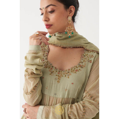Rhua India Green Noor Anarkali with Palazzo and Dupatta (Set of 3)