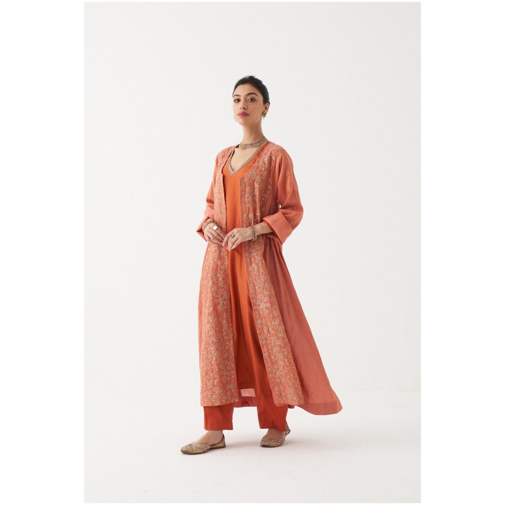 Rhua India Peach Nysa Straight Kurta with Pant and Jacket (Set of 3)