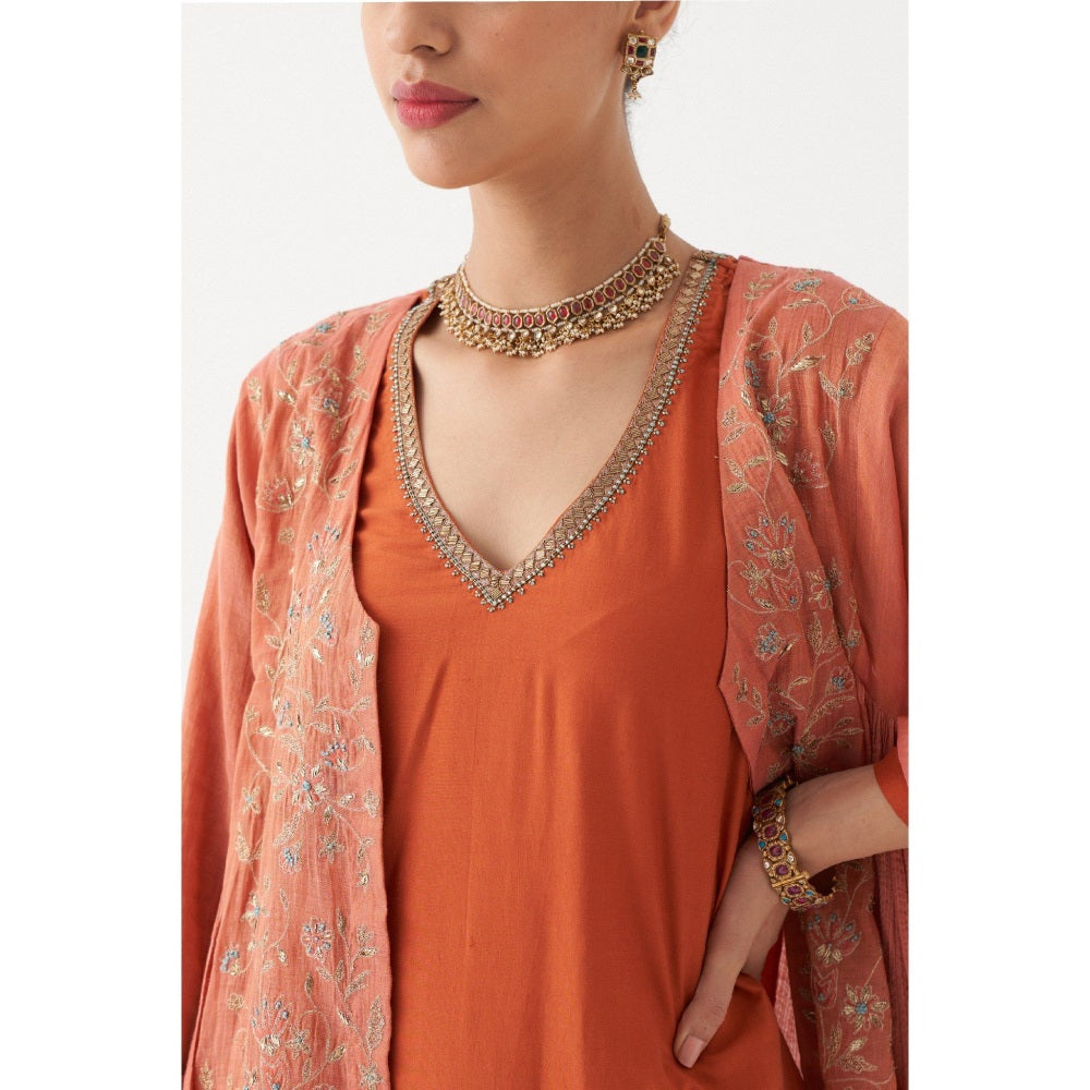 Rhua India Peach Nysa Straight Kurta with Pant and Jacket (Set of 3)