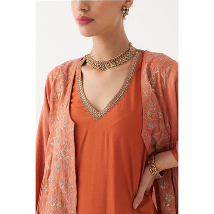 Rhua India Peach Nysa Straight Kurta with Pant and Jacket (Set of 3)