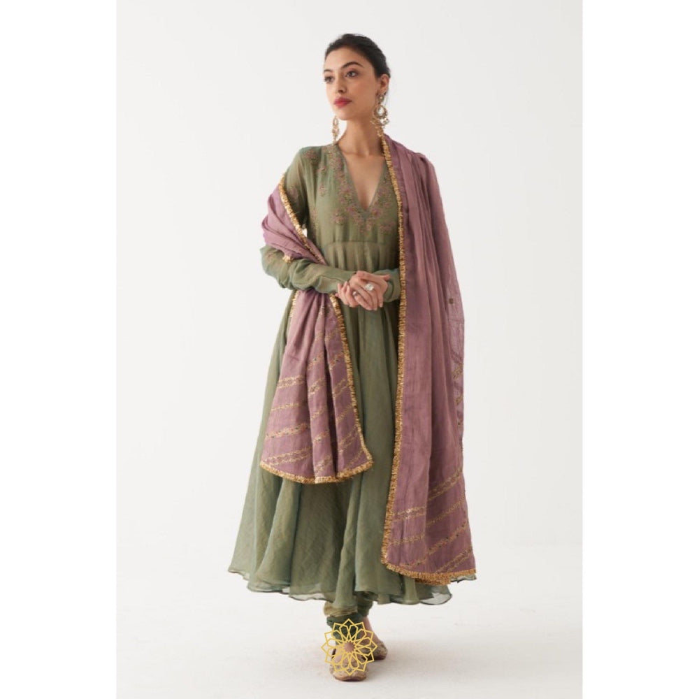 Rhua India Green Kiara Anarkali with Churidar and Dupatta (Set of 3)