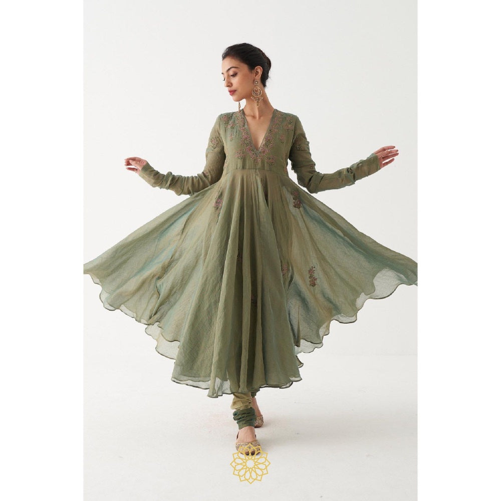 Rhua India Green Kiara Anarkali with Churidar and Dupatta (Set of 3)