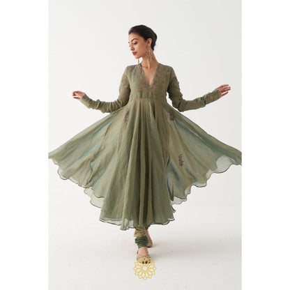 Rhua India Green Kiara Anarkali with Churidar and Dupatta (Set of 3)