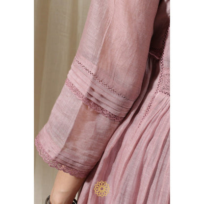 Rhua India Onion Pink Gathered Kurta with Slip, Pant and Dupatta (Set of 4)