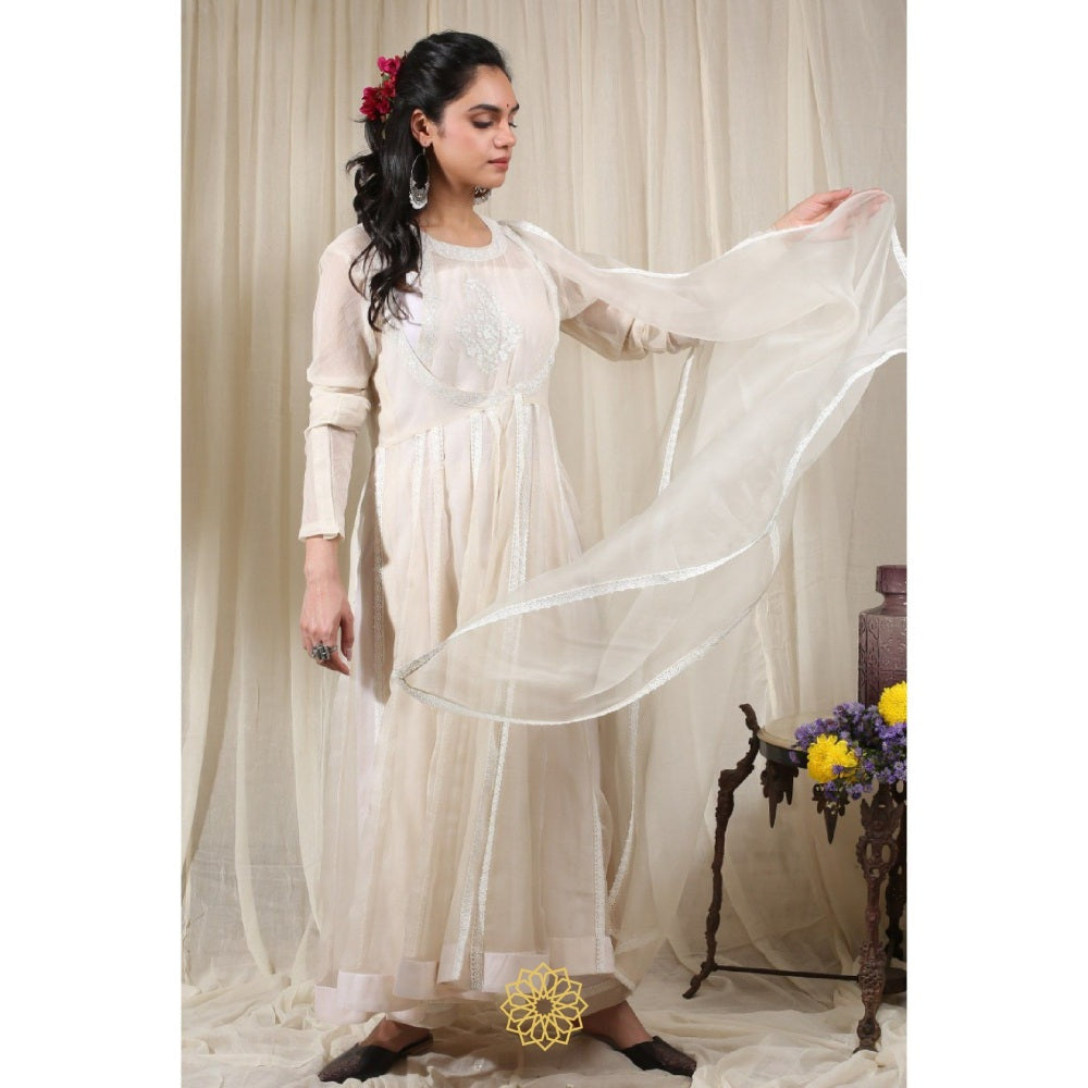 Rhua India White Anarkali with Pant and Dupatta (Set of 3)