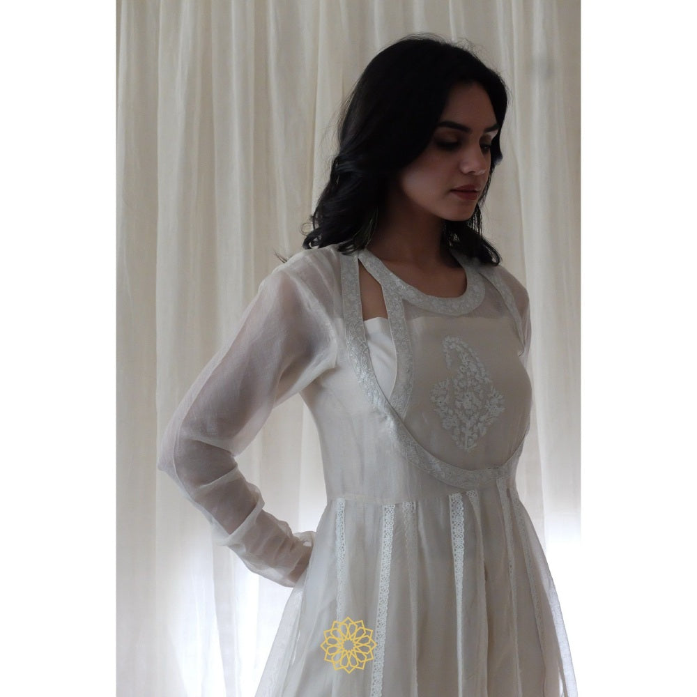 Rhua India White Anarkali with Pant and Dupatta (Set of 3)