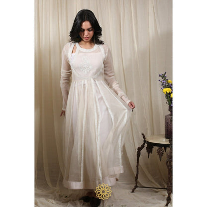 Rhua India White Anarkali with Pant and Dupatta (Set of 3)