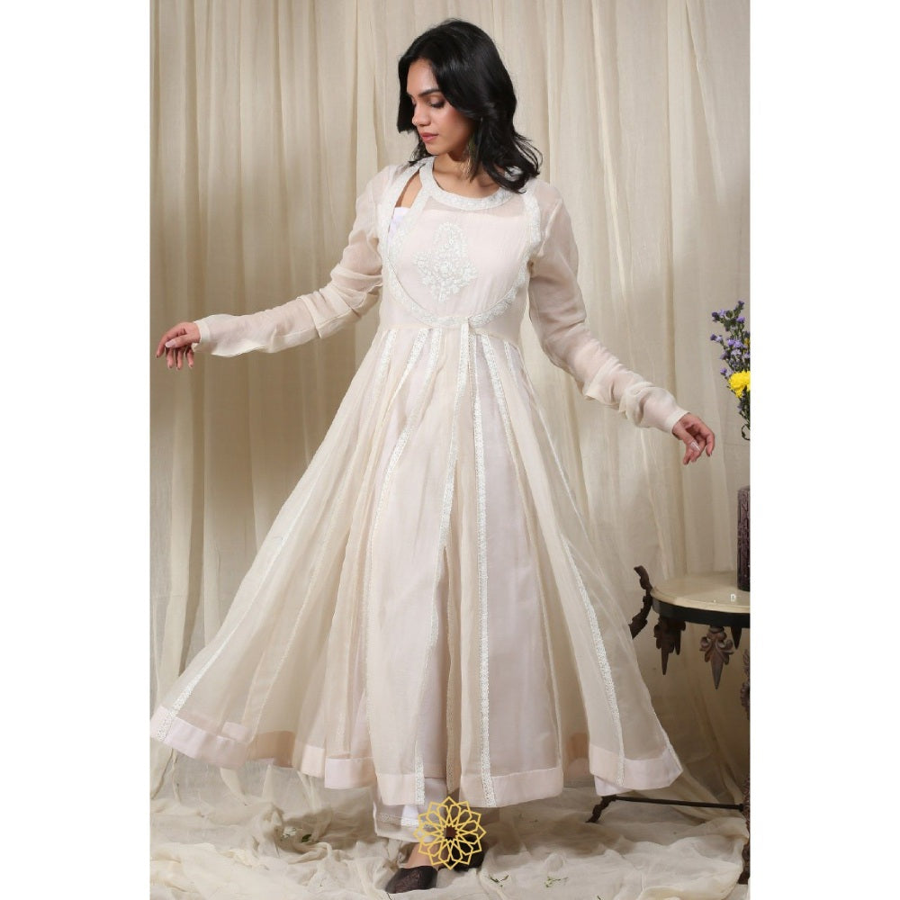 Rhua India White Anarkali with Pant and Dupatta (Set of 3)