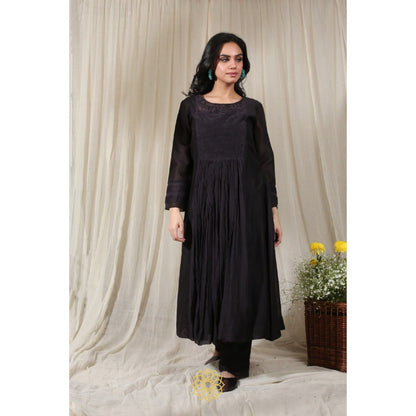 Rhua India Black Gathered Kurta with Pant (Set of 2)