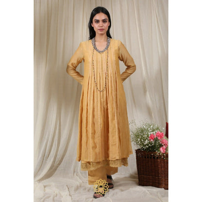 Rhua India Yellow Gathered Kurta with Slip and Pant (Set of 3)