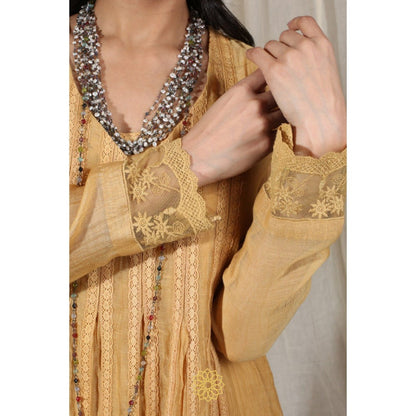 Rhua India Yellow Gathered Kurta with Slip and Pant (Set of 3)