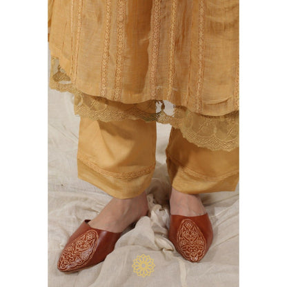 Rhua India Yellow Gathered Kurta with Slip and Pant (Set of 3)