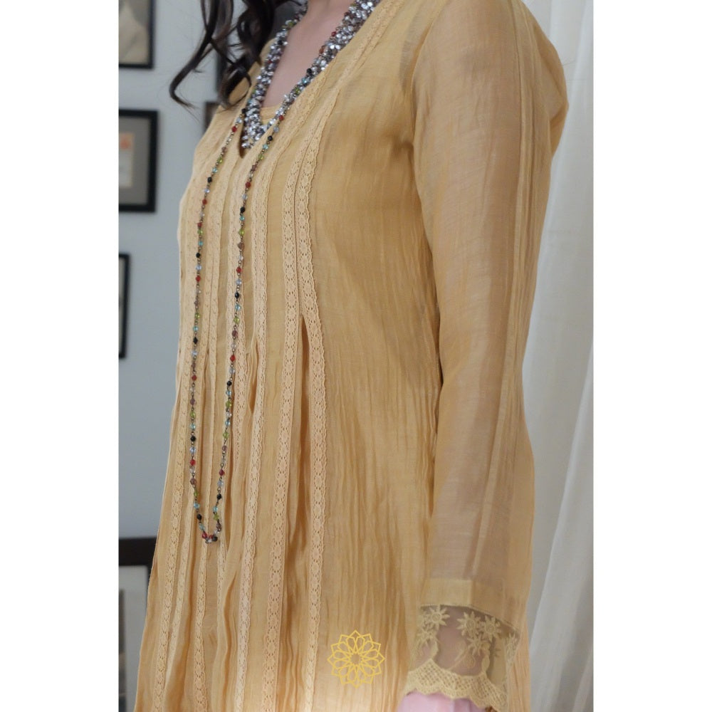 Rhua India Yellow Gathered Kurta with Slip and Pant (Set of 3)