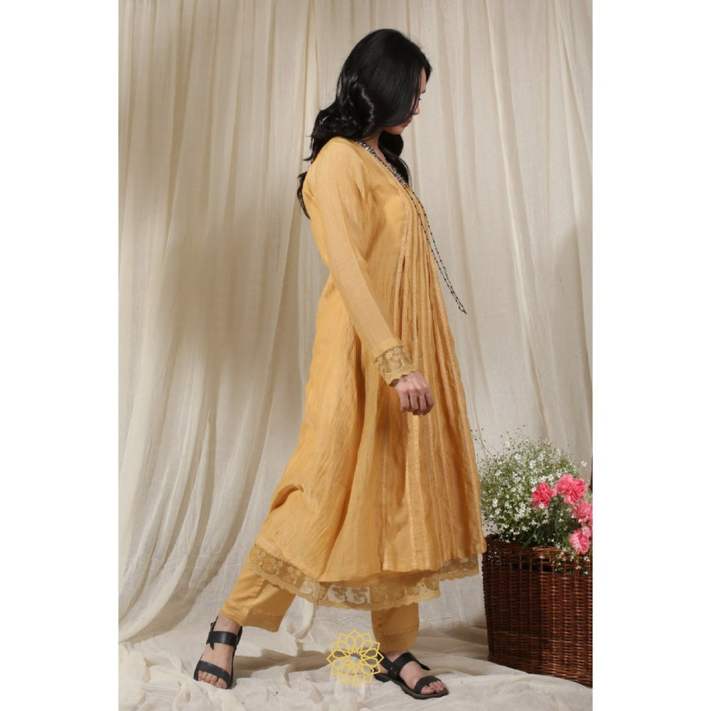 Rhua India Yellow Gathered Kurta with Slip and Pant (Set of 3)