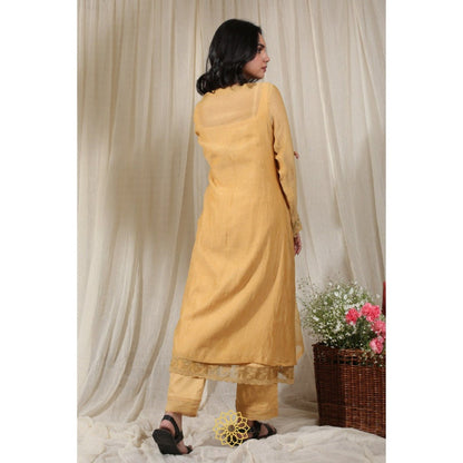 Rhua India Yellow Gathered Kurta with Slip and Pant (Set of 3)