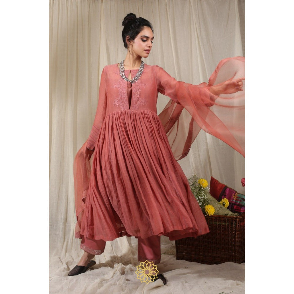 Rhua India Pink Dark Carrot Gathered Kurta with Pant and Dupatta (Set of 3)