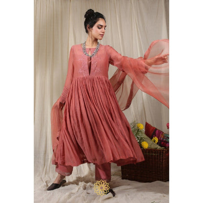 Rhua India Pink Dark Carrot Gathered Kurta with Pant and Dupatta (Set of 3)