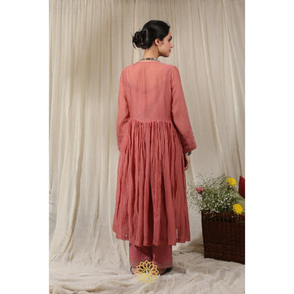 Rhua India Pink Dark Carrot Gathered Kurta with Pant and Dupatta (Set of 3)