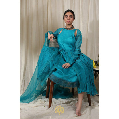 Rhua India Turquoise Gathered Kurta with Inner, Pant and Dupatta (Set of 4)