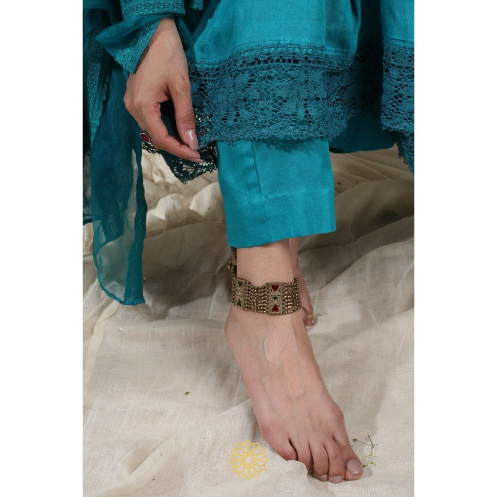 Rhua India Turquoise Gathered Kurta with Inner, Pant and Dupatta (Set of 4)