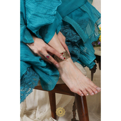 Rhua India Turquoise Gathered Kurta with Inner, Pant and Dupatta (Set of 4)