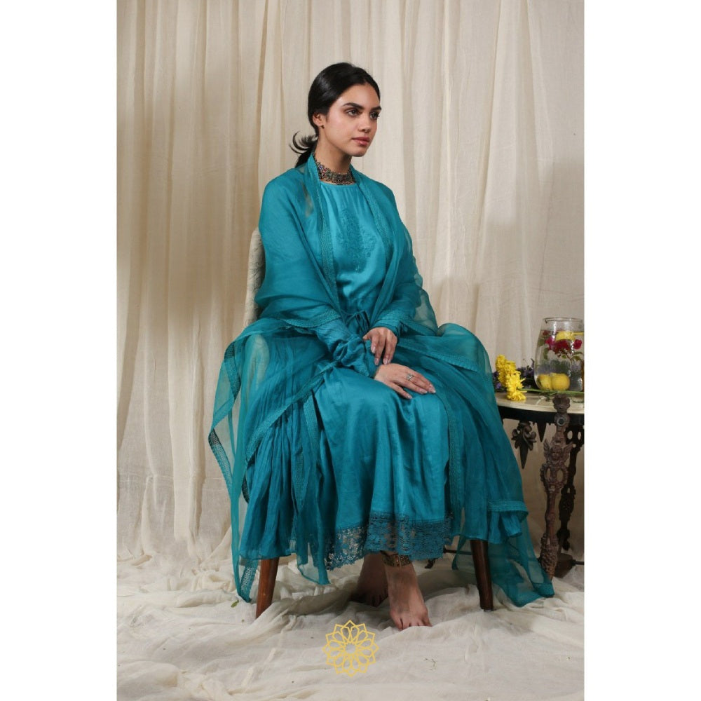 Rhua India Turquoise Gathered Kurta with Inner, Pant and Dupatta (Set of 4)