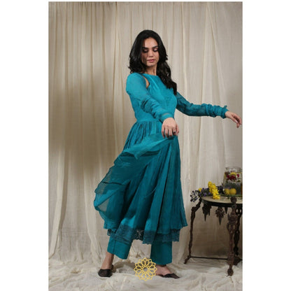 Rhua India Turquoise Gathered Kurta with Inner, Pant and Dupatta (Set of 4)