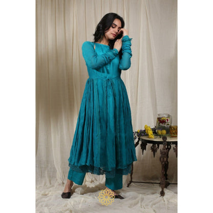 Rhua India Turquoise Gathered Kurta with Inner, Pant and Dupatta (Set of 4)