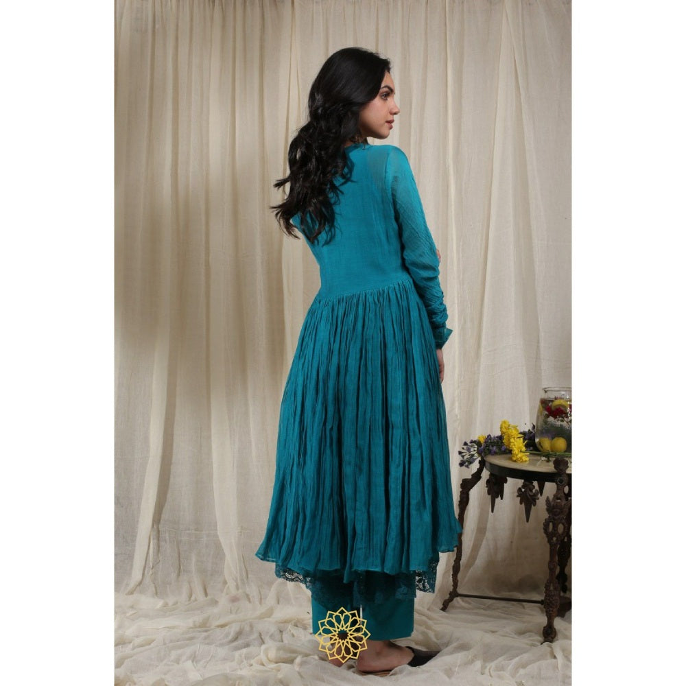 Rhua India Turquoise Gathered Kurta with Inner, Pant and Dupatta (Set of 4)