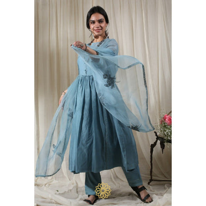 Rhua India Blue Gathered Kurta with Pant and Dupatta (Set of 3)