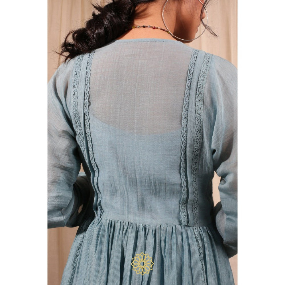 Rhua India Blue Gathered Kurta with Pant and Dupatta (Set of 3)