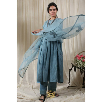 Rhua India Blue Gathered Kurta with Pant and Dupatta (Set of 3)