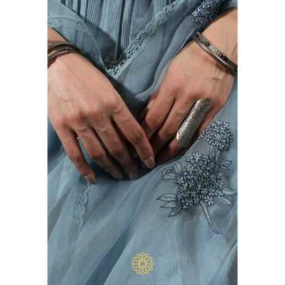 Rhua India Blue Gathered Kurta with Pant and Dupatta (Set of 3)